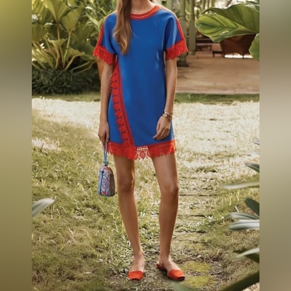 Tory Burch Blue Mini Dress with Red Trim